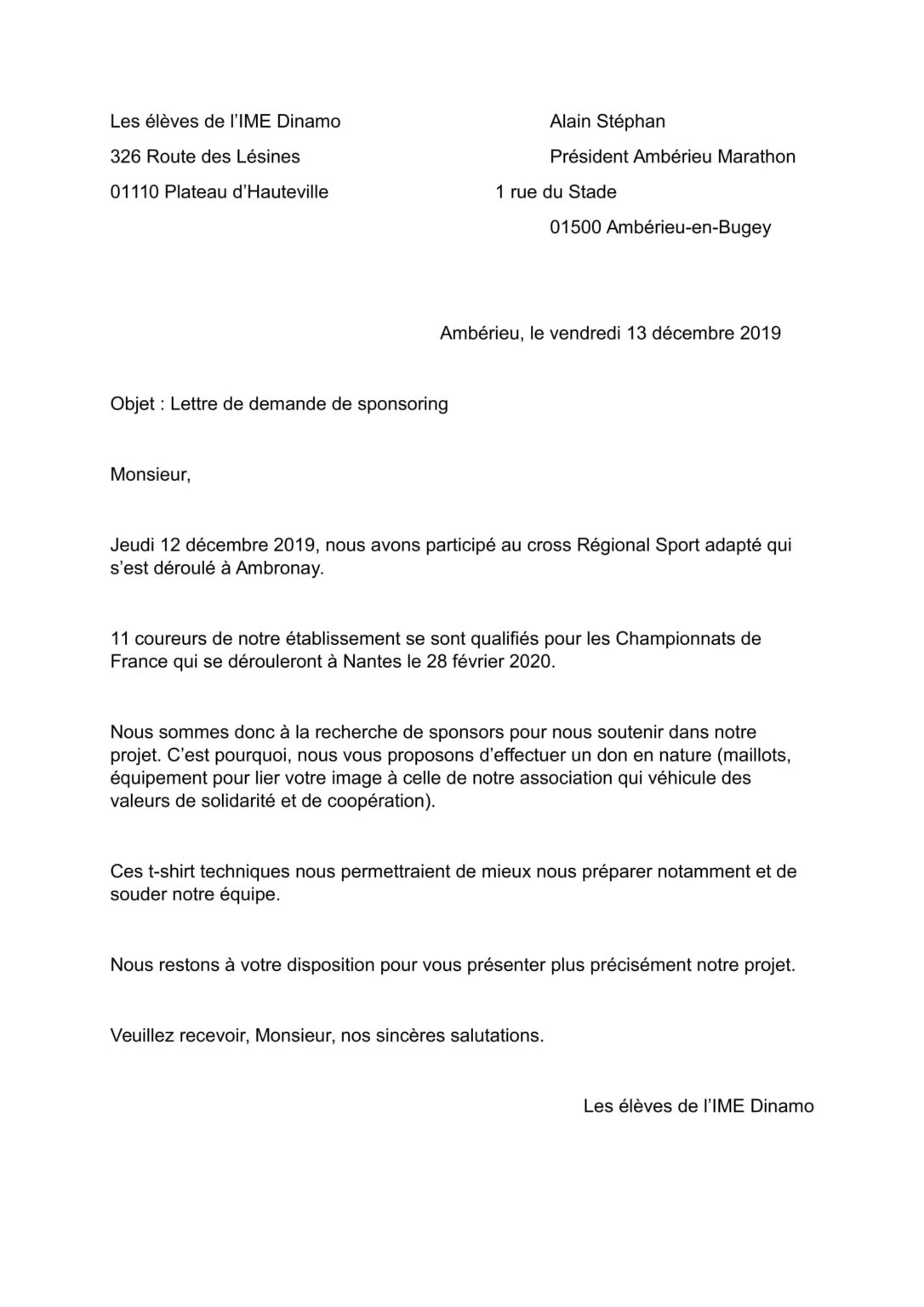 [Français] Lettre de demande de sponsoring  IME DINAMO